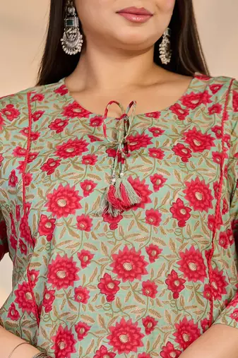 sea green cotton a-line plus size kurta dupatta set