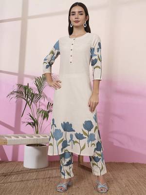 blue and cream cotton floral print straight kurta trouser set 1