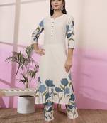 blue and cream cotton floral print straight kurta trouser set