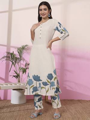 blue and cream cotton floral print straight kurta trouser set 2