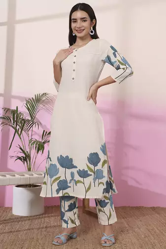 blue and cream cotton floral print straight kurta trouser set