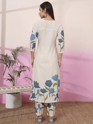 blue and cream cotton floral print straight kurta trouser set 3