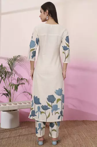 blue and cream cotton floral print straight kurta trouser set