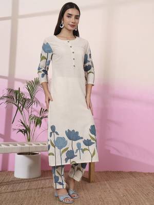 blue and cream cotton floral print straight kurta trouser set 5