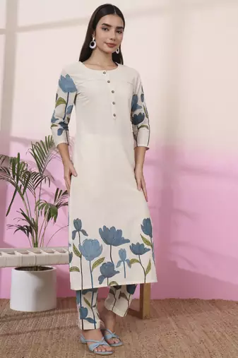 blue and cream cotton floral print straight kurta trouser set