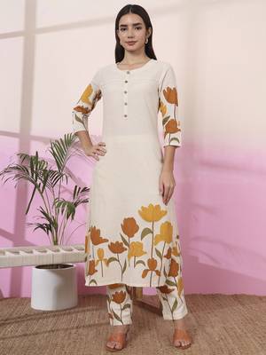mustard and cream cotton floral print straight kurta trouser set 1