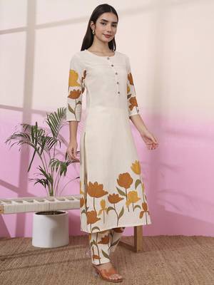 mustard and cream cotton floral print straight kurta trouser set 2