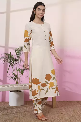 mustard and cream cotton floral print straight kurta trouser set