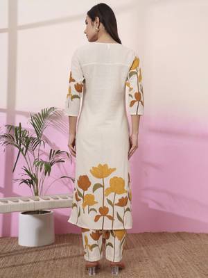 mustard and cream cotton floral print straight kurta trouser set 3