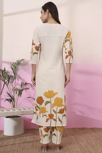 mustard and cream cotton floral print straight kurta trouser set