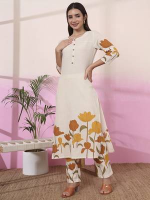 mustard and cream cotton floral print straight kurta trouser set 5