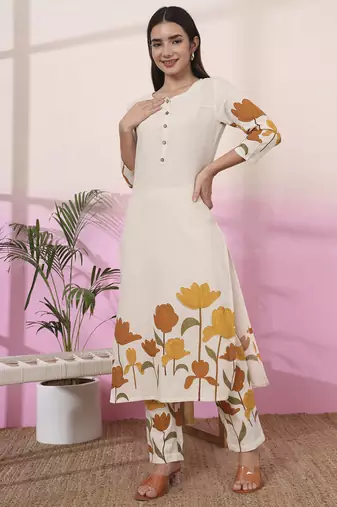 mustard and cream cotton floral print straight kurta trouser set