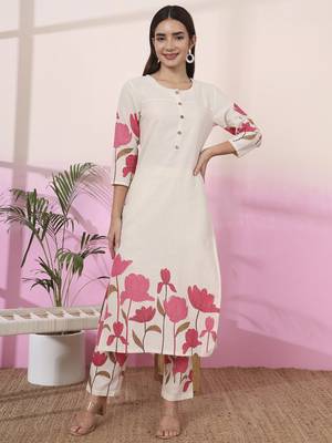 pink and cream cotton floral print straight kurta trouser set 1
