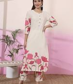 pink and cream cotton floral print straight kurta trouser set