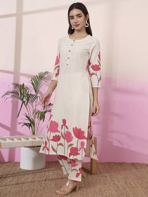 pink and cream cotton floral print straight kurta trouser set 2
