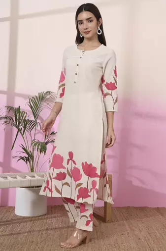pink and cream cotton floral print straight kurta trouser set