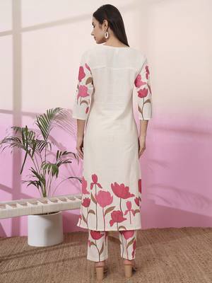pink and cream cotton floral print straight kurta trouser set 3