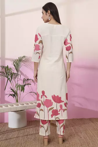 pink and cream cotton floral print straight kurta trouser set