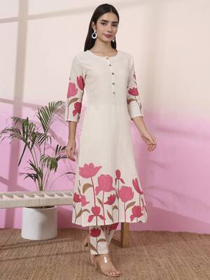 pink and cream cotton floral print straight kurta trouser set 5