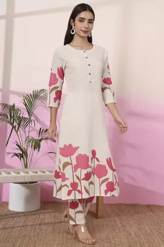 pink and cream cotton floral print straight kurta trouser set