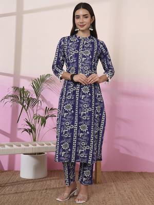blue floral print straight kurta trouser set 1
