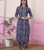 blue floral print straight kurta trouser set