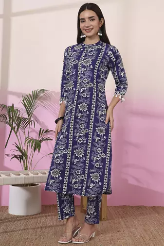 blue floral print straight kurta trouser set