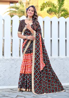 Black cotton block printed saree with lace border and printed blouse piece 1