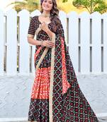 Black cotton block printed saree with lace border and printed blouse piece