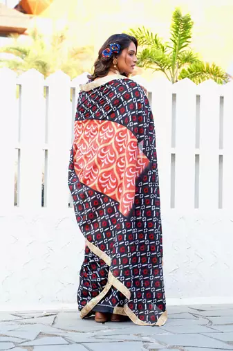 Black cotton block printed saree with lace border and printed blouse piece