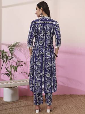 blue floral print straight kurta trouser set 3