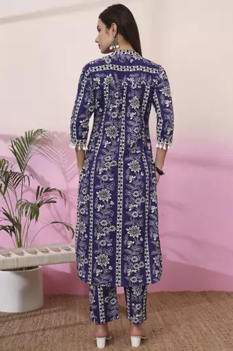 blue floral print straight kurta trouser set