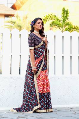 Black cotton block printed saree with lace border and printed blouse piece 3