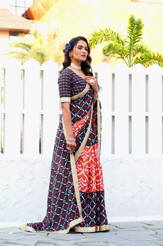 Black cotton block printed saree with lace border and printed blouse piece