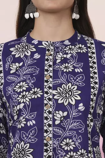 blue floral print straight kurta trouser set