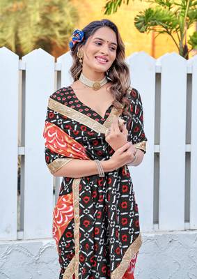 Black cotton block printed saree with lace border and printed blouse piece 4
