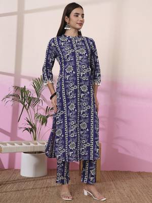 blue floral print straight kurta trouser set 5