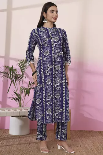 blue floral print straight kurta trouser set