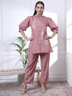 pink thread work pure silk blend tunic and trouser co-ord se 1