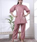 pink thread work pure silk blend tunic and trouser co-ord se