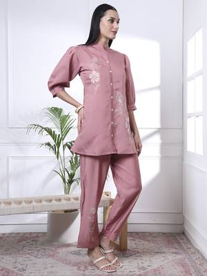 pink thread work pure silk blend tunic and trouser co-ord se 2