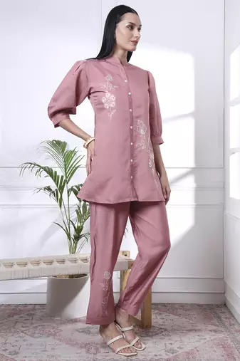 pink thread work pure silk blend tunic and trouser co-ord se