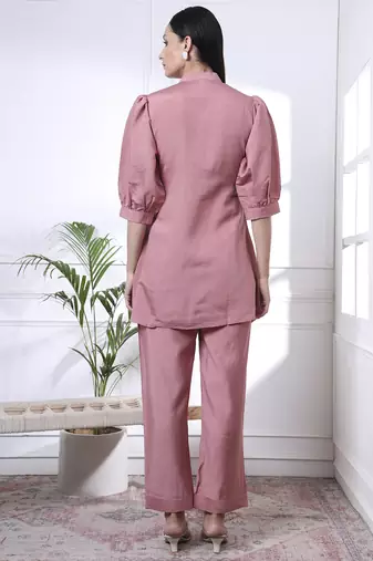 pink thread work pure silk blend tunic and trouser co-ord se