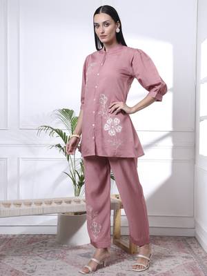 pink thread work pure silk blend tunic and trouser co-ord se 5