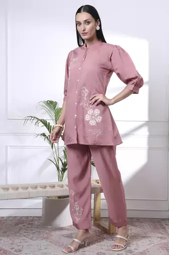 pink thread work pure silk blend tunic and trouser co-ord se