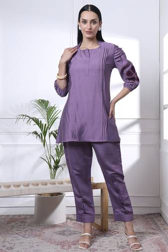 purple thread work pure silk blend tunic and trouser co-ord se