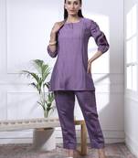 purple thread work pure silk blend tunic and trouser co-ord se