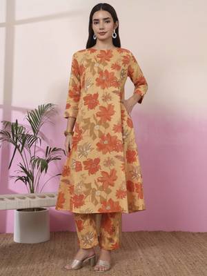 mustard linen a line pintucks kurta pant 1