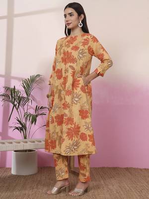 mustard linen a line pintucks kurta pant 2