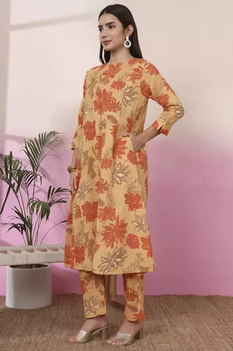 mustard linen a line pintucks kurta pant